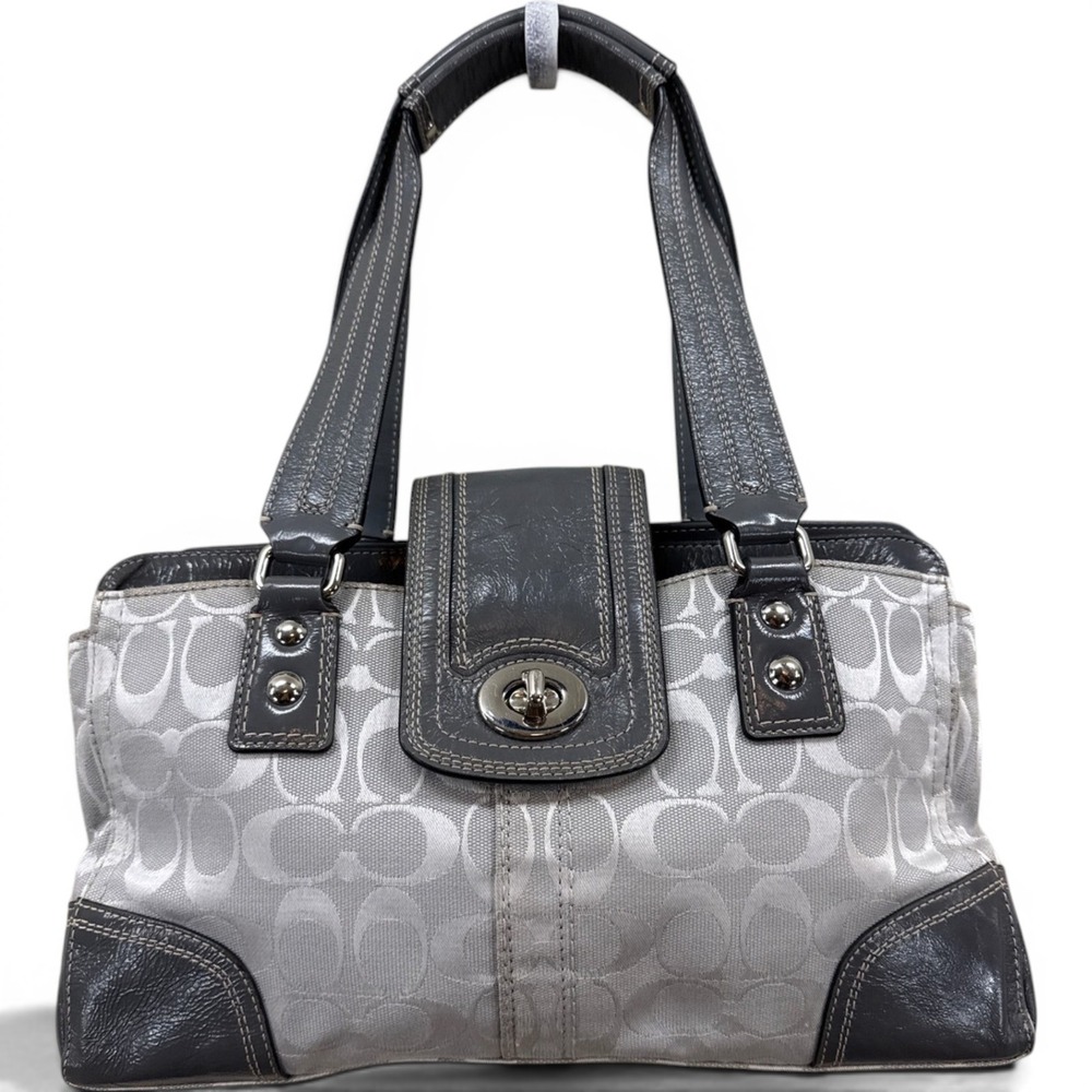 Coach Hampton Signature Satchel Silver VNTG Grey Canvas Leather Trim Bag 11062